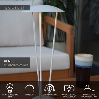 Lucide RENEE - Oplaadbare Tafellamp Binnen/Buiten - Accu/Batterij - Ø 12,3 cm - LED Dim to warm - 1x2,2W 2700K/3000K - IP54 - Met draadloos oplaadstation - Wit